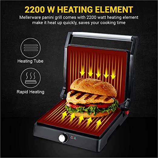 Mellerware INALSA Panini Grill Sandwich Maker 2200Watt - MWPG 01 with Adjustable Thermostat Control & 180 Degree Opening |Non-stick coated plates|Big Size to Fit 4-Slice Bread, (Black/Silver), Small Mellerware INALSA Panini Grill Sandwich Maker 2200Watt - MWPG 01 with Adjustable Thermostat Control & 180 Degree Opening |Non-stick coated plates|Big Size to Fit 4-Slice Bread, (Black/Silver), Small